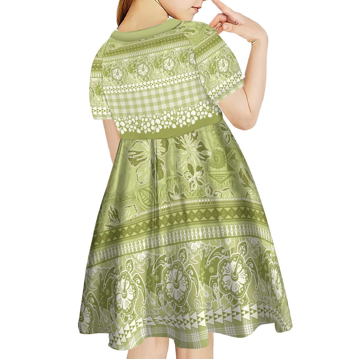 Hawaiian Hibiscus Honu Kid Short Sleeve Dress Sage Green Mele Kalikimaka Palaka Spirit - Polynesian Pride