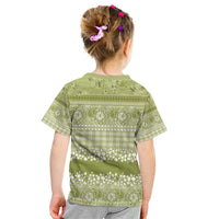 Hawaiian Hibiscus Honu Kid T Shirt Sage Green Mele Kalikimaka Palaka Spirit - Polynesian Pride