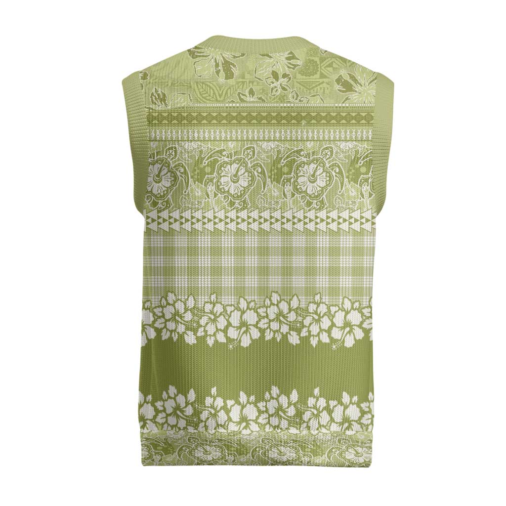 Hawaiian Hibiscus Honu Christmas Knitted V-Neck Vest Sage Green Mele Kalikimaka Palaka Spirit - Polynesian Pride