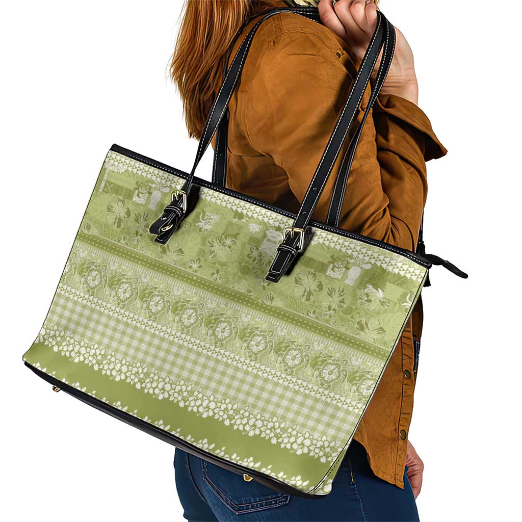 Hawaiian Hibiscus Honu Leather Tote Bag Sage Green Mele Kalikimaka Palaka Spirit - Polynesian Pride