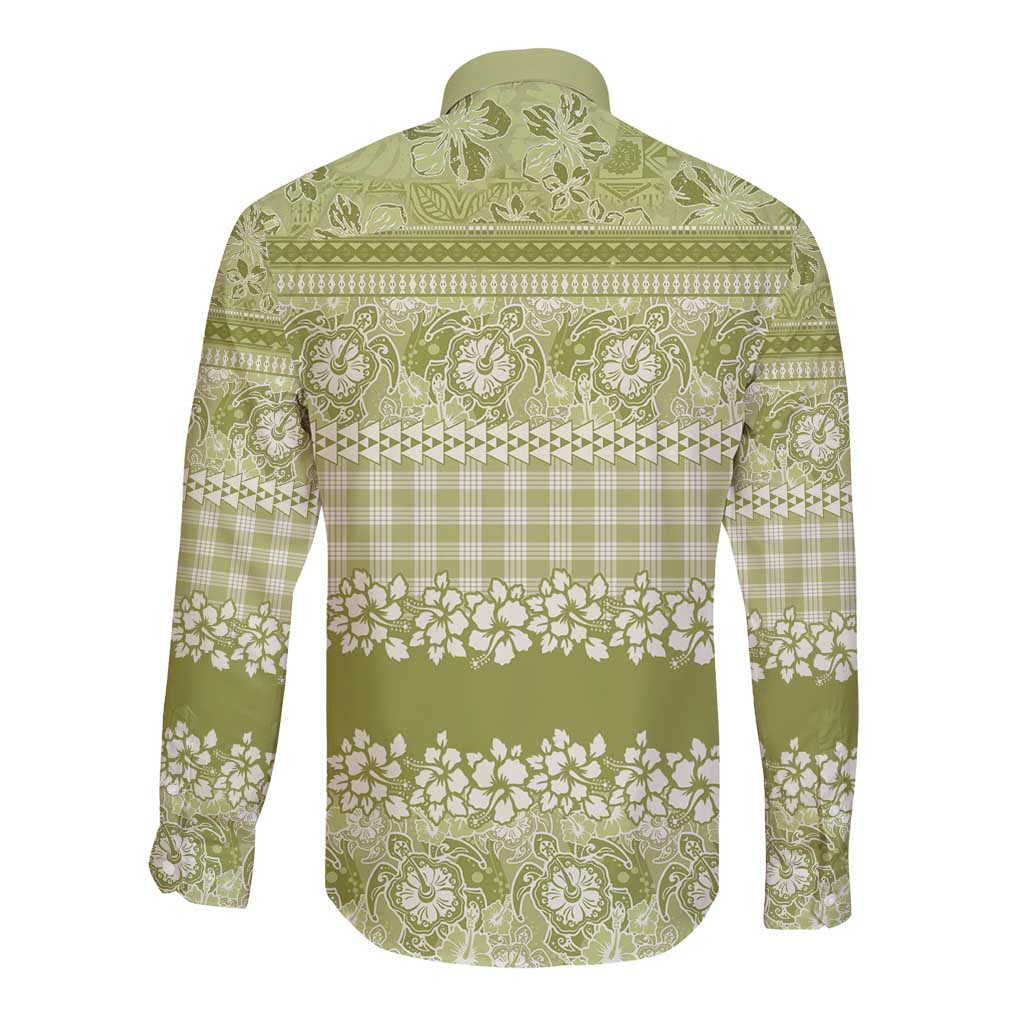 Hawaiian Hibiscus Honu Long Sleeve Button Shirt Sage Green Mele Kalikimaka Palaka Spirit - Polynesian Pride