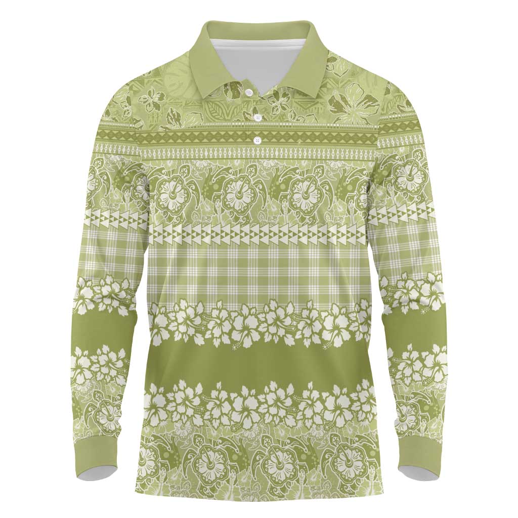 Hawaiian Hibiscus Honu Long Sleeve Polo Shirt Sage Green Mele Kalikimaka Palaka Spirit - Polynesian Pride