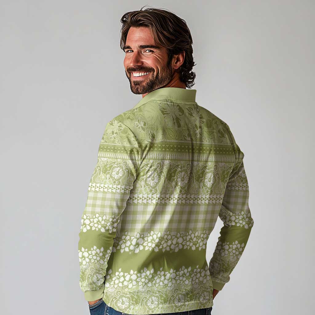 Hawaiian Hibiscus Honu Long Sleeve Polo Shirt Sage Green Mele Kalikimaka Palaka Spirit - Polynesian Pride