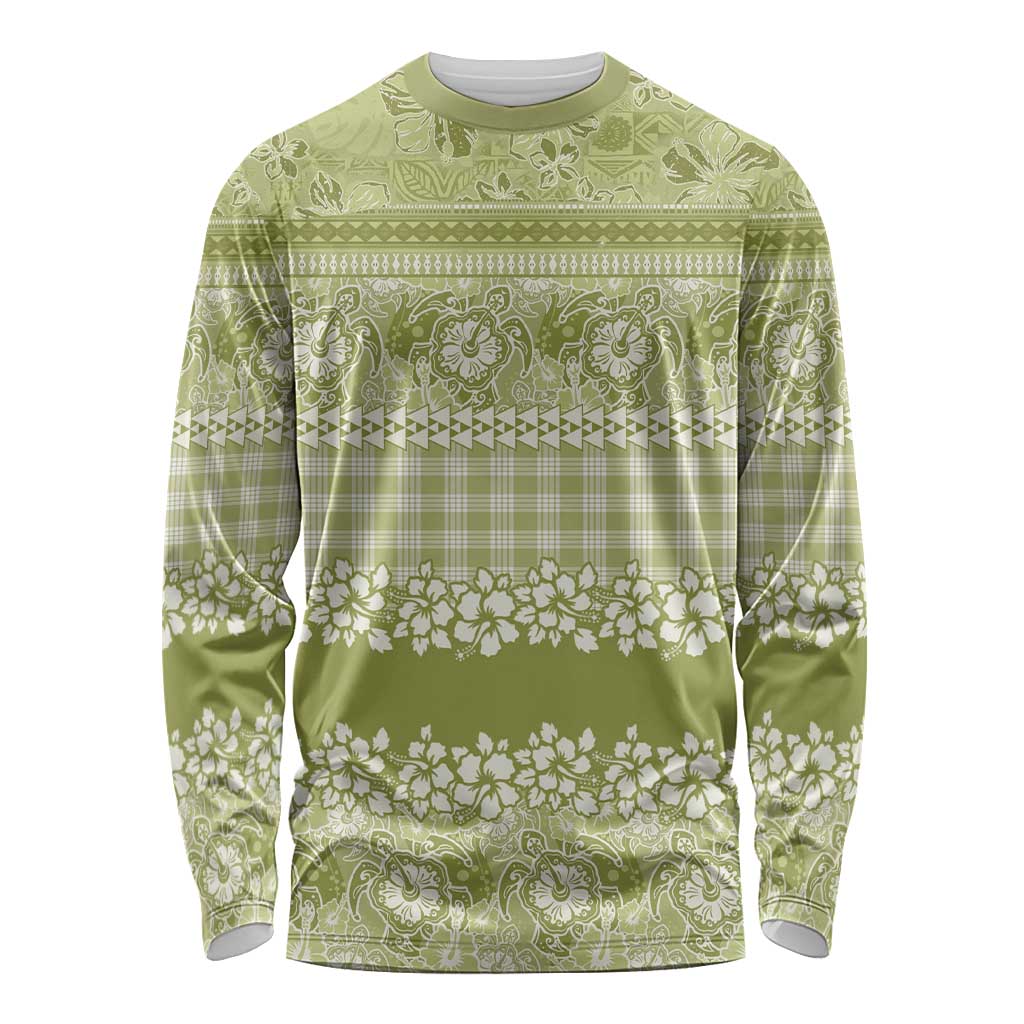 Hawaiian Hibiscus Honu Long Sleeve Shirt Sage Green Mele Kalikimaka Palaka Spirit - Polynesian Pride