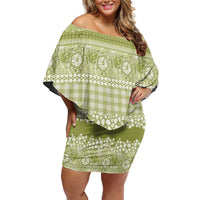 Hawaiian Hibiscus Honu Off Shoulder Short Dress Sage Green Mele Kalikimaka Palaka Spirit - Polynesian Pride