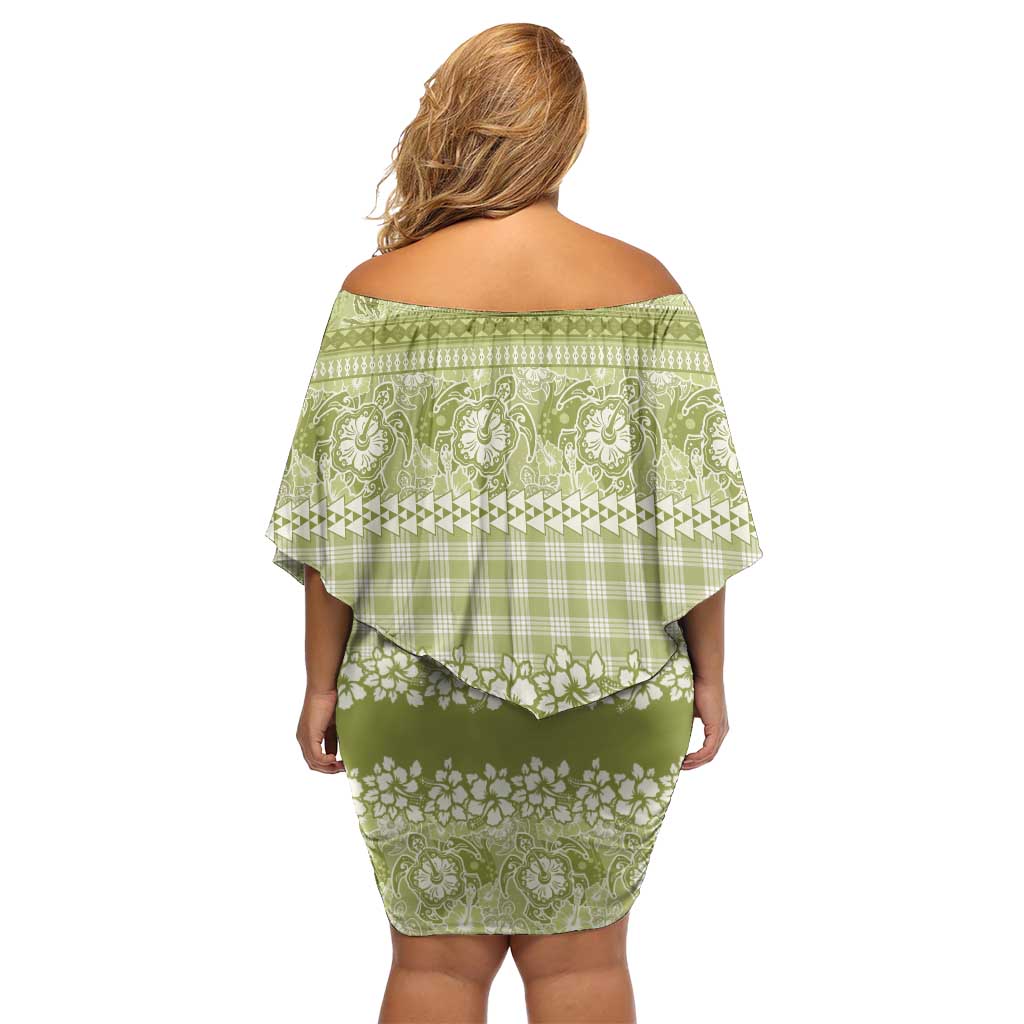Hawaiian Hibiscus Honu Off Shoulder Short Dress Sage Green Mele Kalikimaka Palaka Spirit - Polynesian Pride