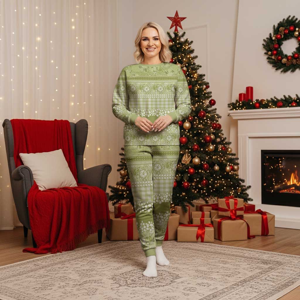 Hawaiian Hibiscus Honu Christmas Pajama Set Sage Green Mele Kalikimaka Palaka Spirit - Polynesian Pride