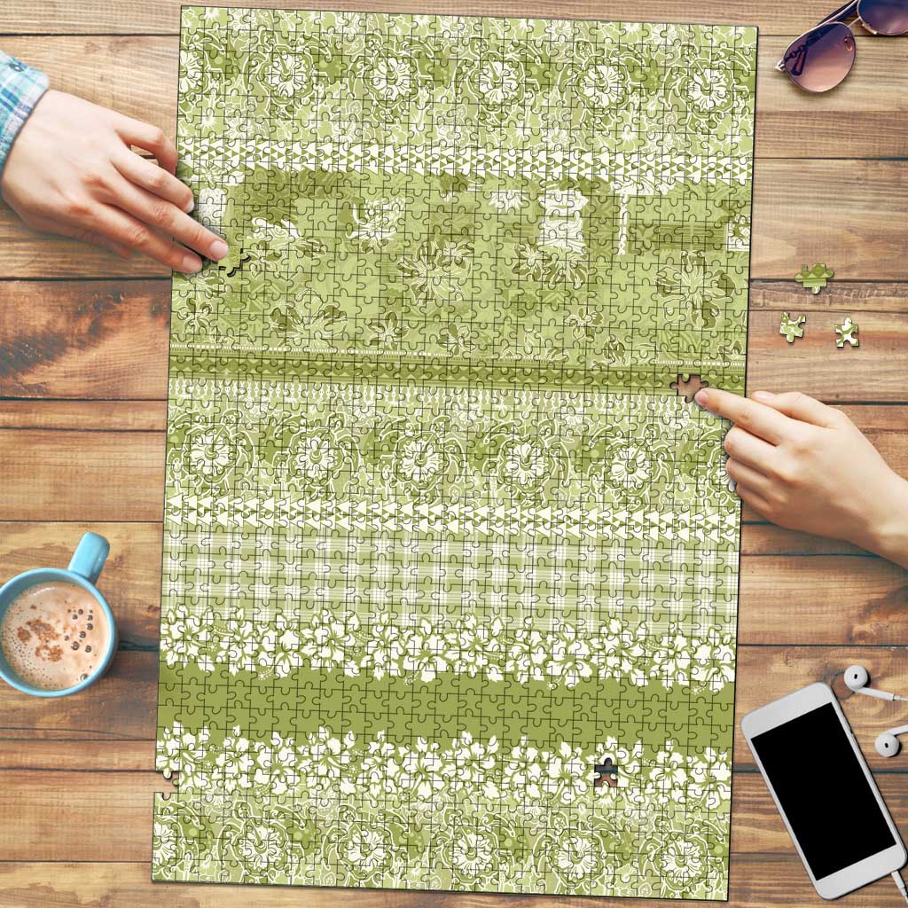 Hawaiian Hibiscus Honu Puzzle Sage Green Mele Kalikimaka Palaka Spirit - Polynesian Pride