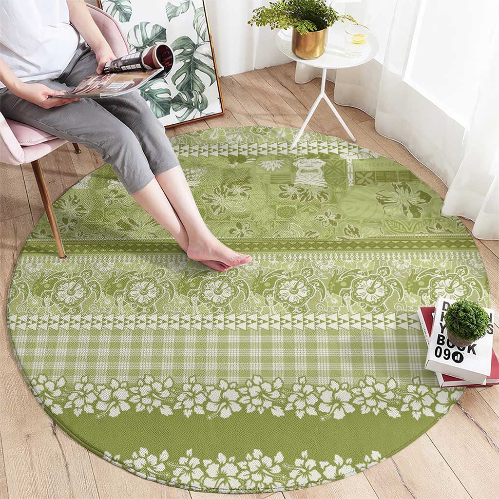 Hawaiian Hibiscus Honu Round Carpet Sage Green Mele Kalikimaka Palaka Spirit - Polynesian Pride