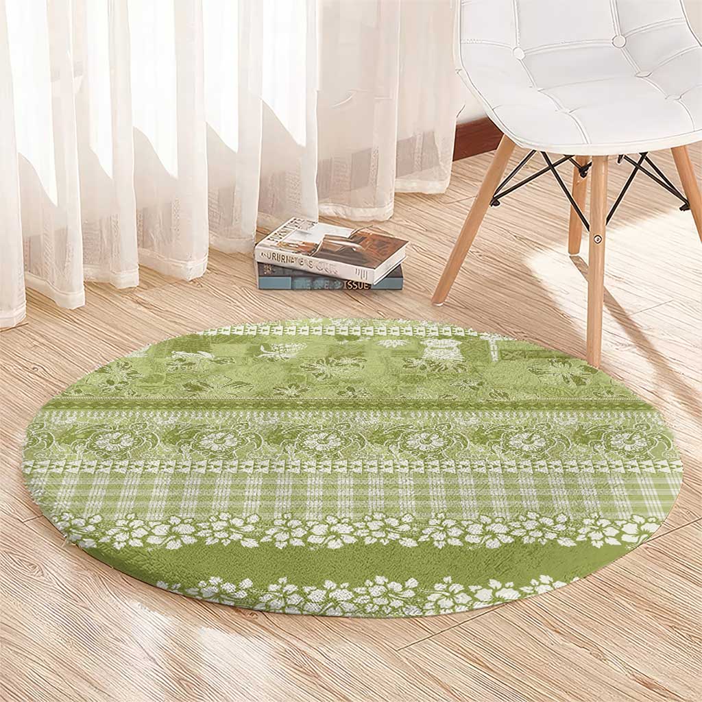 Hawaiian Hibiscus Honu Round Carpet Sage Green Mele Kalikimaka Palaka Spirit - Polynesian Pride
