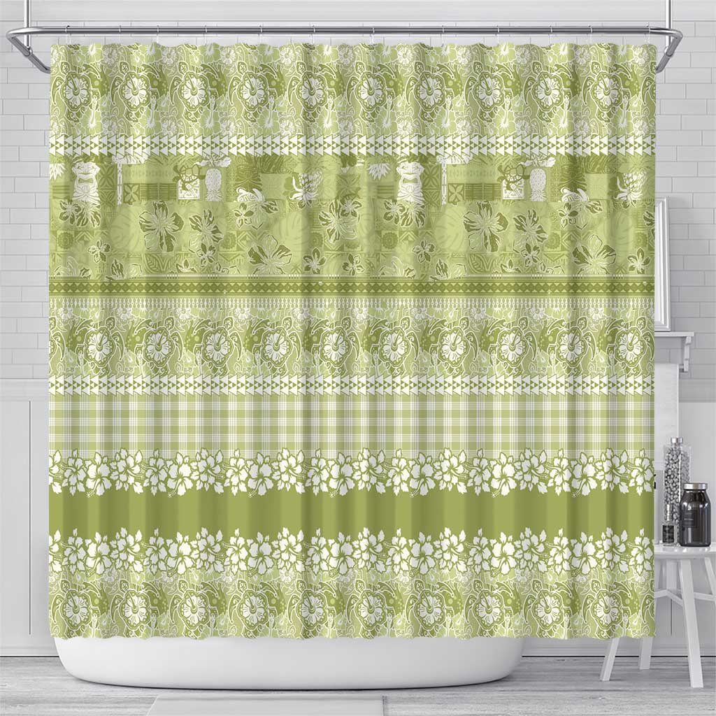 Hawaiian Hibiscus Honu Shower Curtain Sage Green Mele Kalikimaka Palaka Spirit - Polynesian Pride