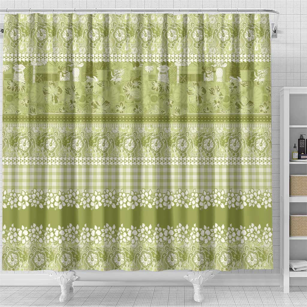 Hawaiian Hibiscus Honu Shower Curtain Sage Green Mele Kalikimaka Palaka Spirit - Polynesian Pride