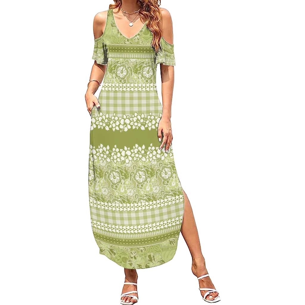 Hawaiian Hibiscus Honu Summer Maxi Dress Sage Green Mele Kalikimaka Palaka Spirit - Polynesian Pride