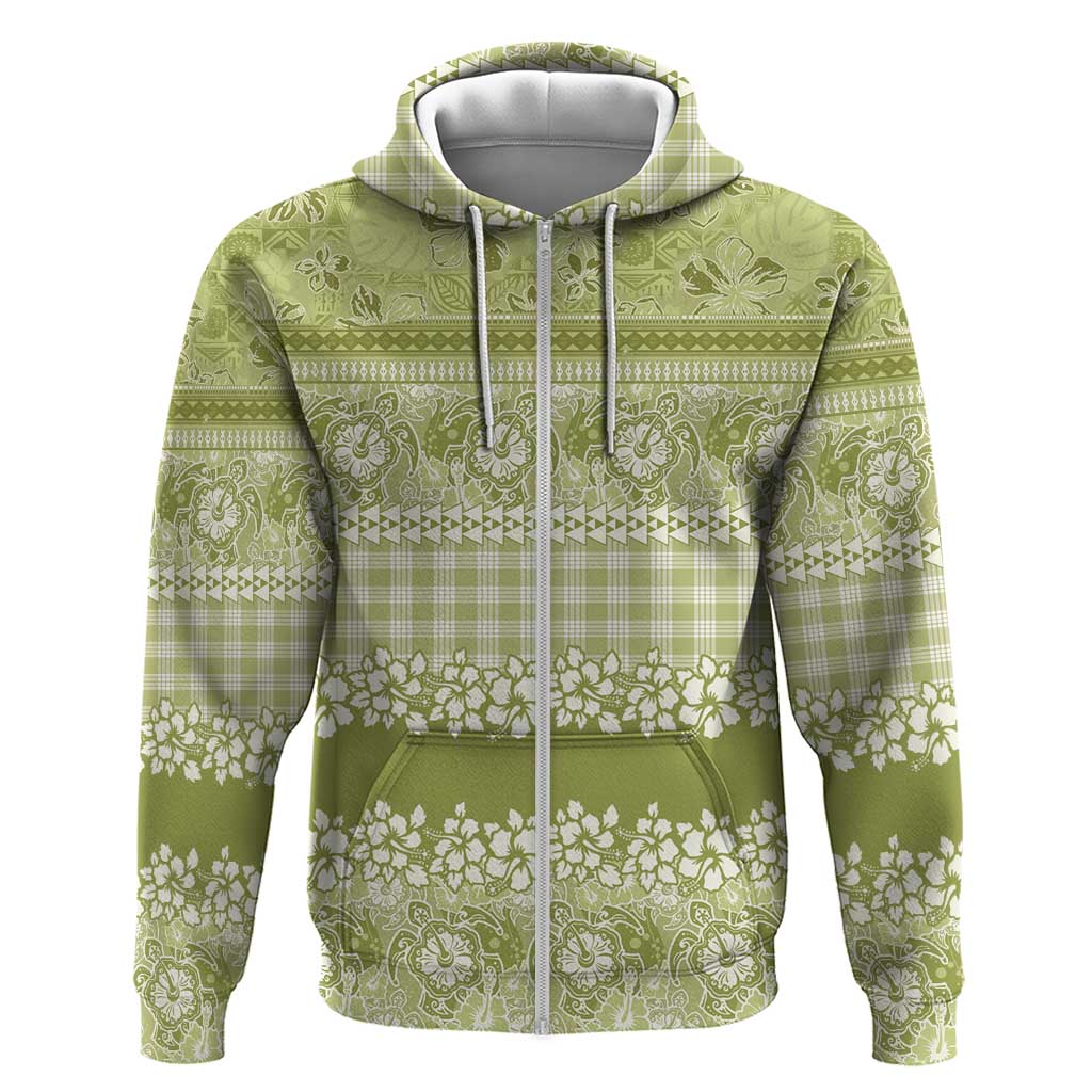 Hawaiian Hibiscus Honu Zip Hoodie Sage Green Mele Kalikimaka Palaka Spirit - Polynesian Pride