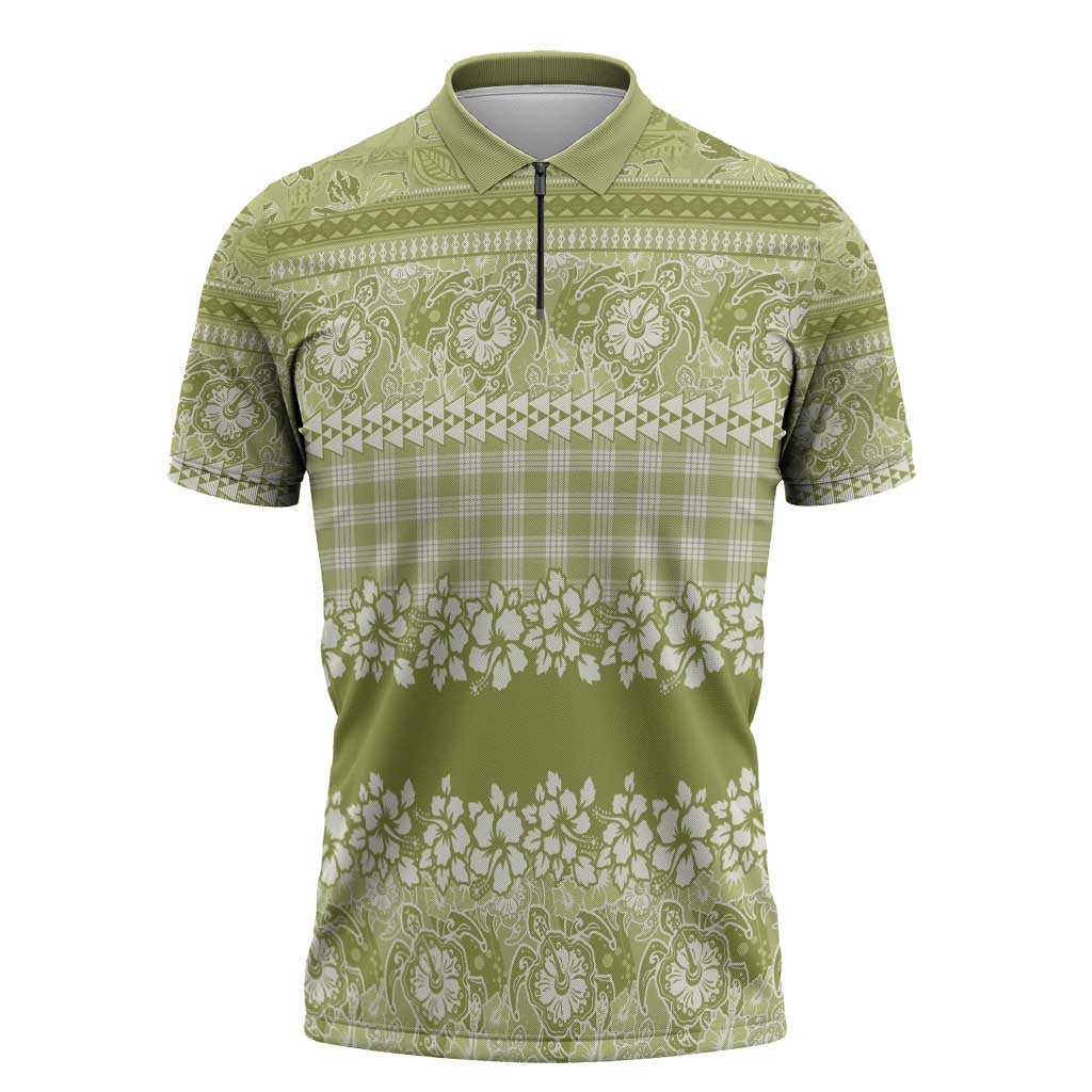 Hawaiian Hibiscus Honu Zipper Polo Shirt Sage Green Mele Kalikimaka Palaka Spirit - Polynesian Pride
