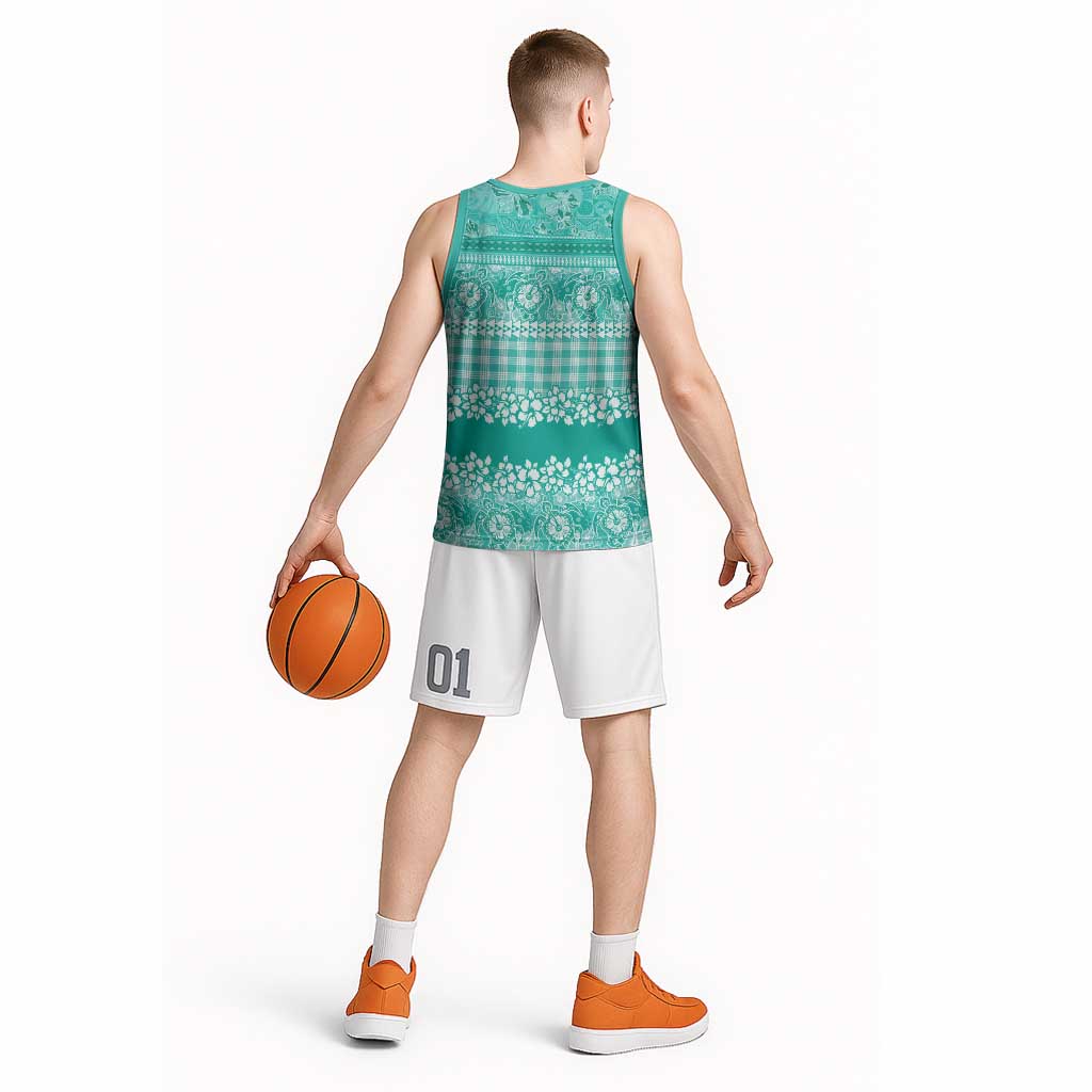 Hawaiian Hibiscus Honu Basketball Jersey Turquoise Mele Kalikimaka Palaka Spirit - Polynesian Pride