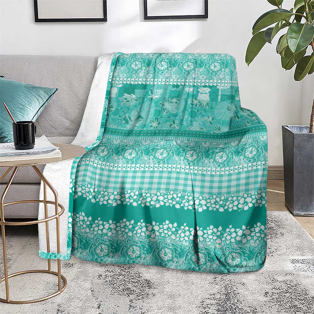 Hawaiian Hibiscus Honu Blanket Turquoise Mele Kalikimaka Palaka Spirit - Polynesian Pride