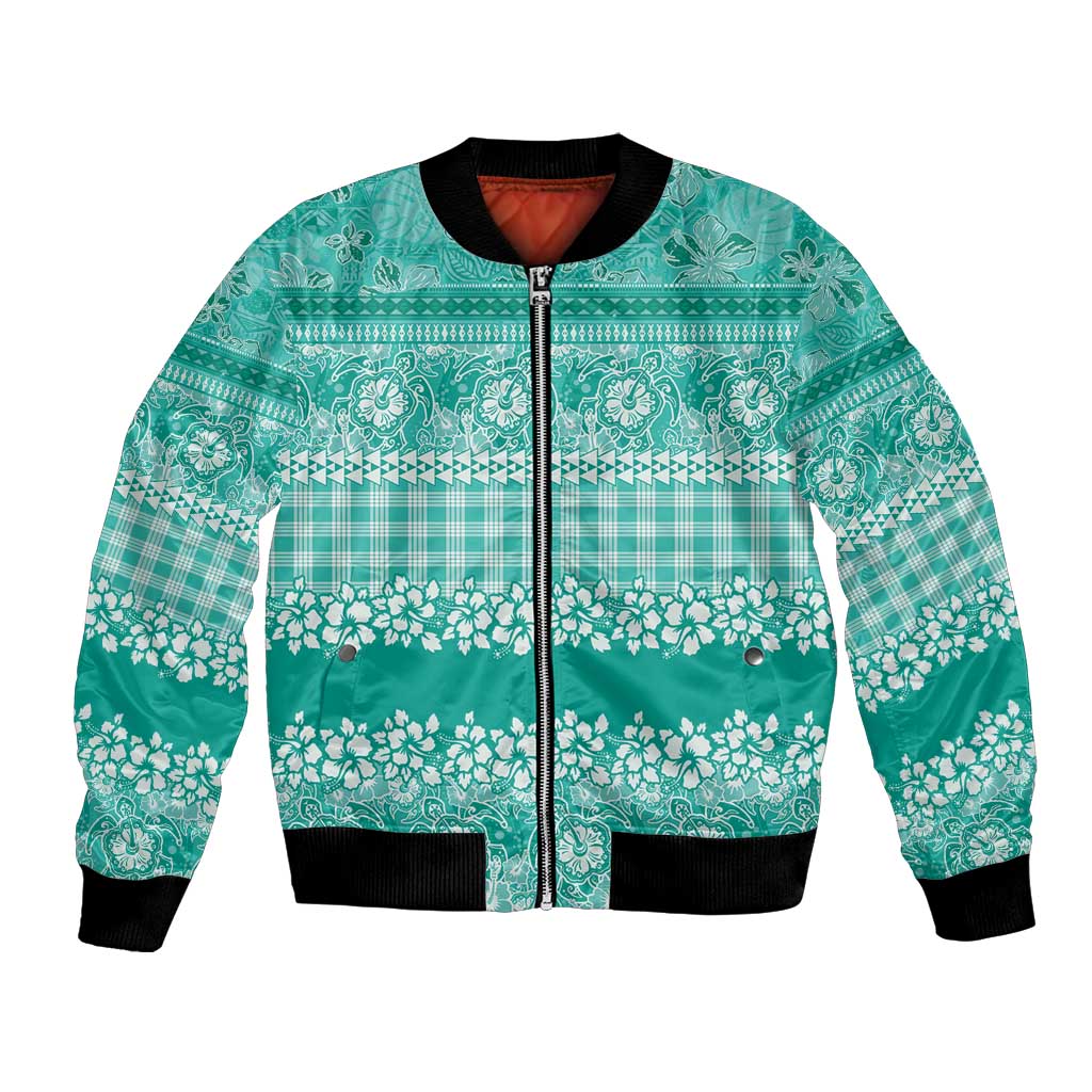 Hawaiian Hibiscus Honu Bomber Jacket Turquoise Mele Kalikimaka Palaka Spirit - Polynesian Pride