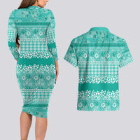 Hawaiian Hibiscus Honu Couples Matching Long Sleeve Bodycon Dress and Hawaiian Shirt Turquoise Mele Kalikimaka Palaka Spirit - Polynesian Pride