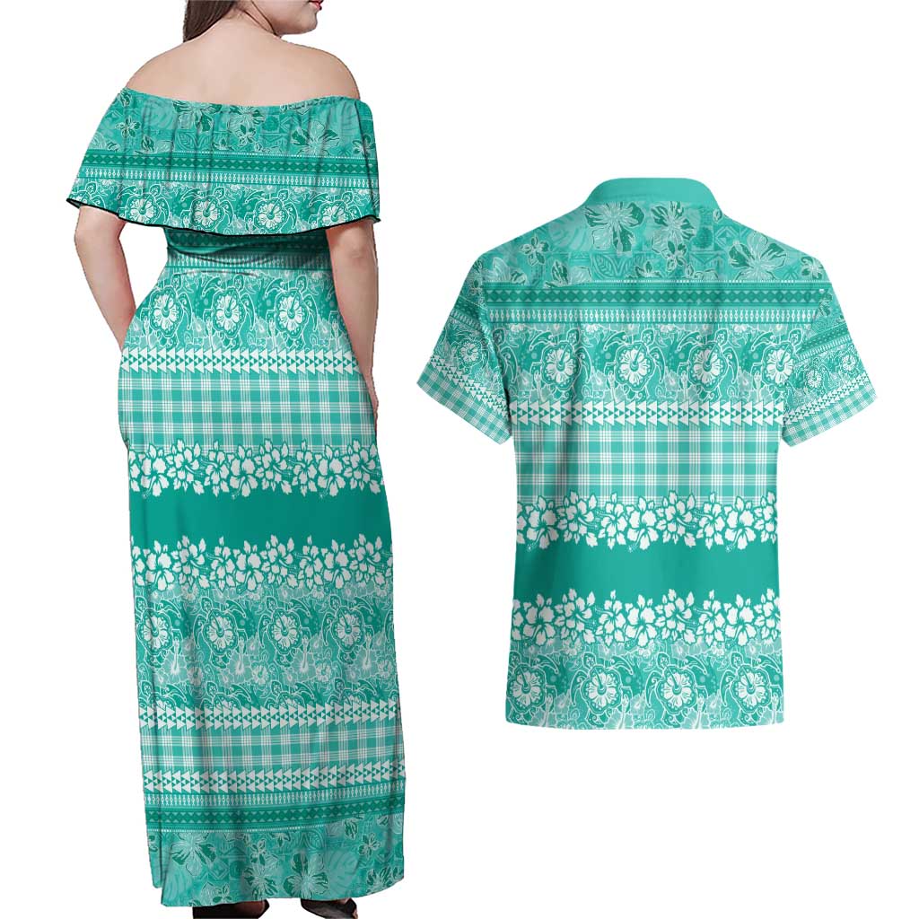 Hawaiian Hibiscus Honu Couples Matching Off Shoulder Maxi Dress and Hawaiian Shirt Turquoise Mele Kalikimaka Palaka Spirit - Polynesian Pride