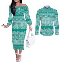 Hawaiian Hibiscus Honu Couples Matching Off The Shoulder Long Sleeve Dress and Long Sleeve Button Shirt Turquoise Mele Kalikimaka Palaka Spirit - Polynesian Pride