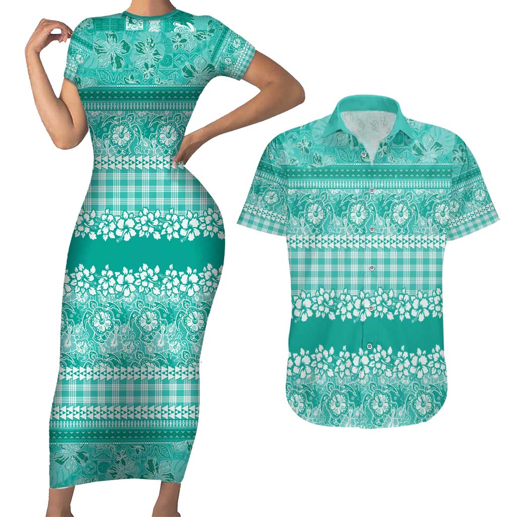 Hawaiian Hibiscus Honu Couples Matching Short Sleeve Bodycon Dress and Hawaiian Shirt Turquoise Mele Kalikimaka Palaka Spirit - Polynesian Pride