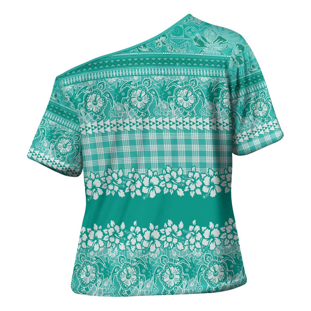 Hawaiian Hibiscus Honu Cross Shoulder Shirt Turquoise Mele Kalikimaka Palaka Spirit - Polynesian Pride