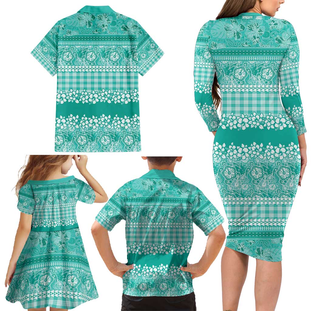 Hawaiian Hibiscus Honu Family Matching Long Sleeve Bodycon Dress and Hawaiian Shirt Turquoise Mele Kalikimaka Palaka Spirit - Polynesian Pride