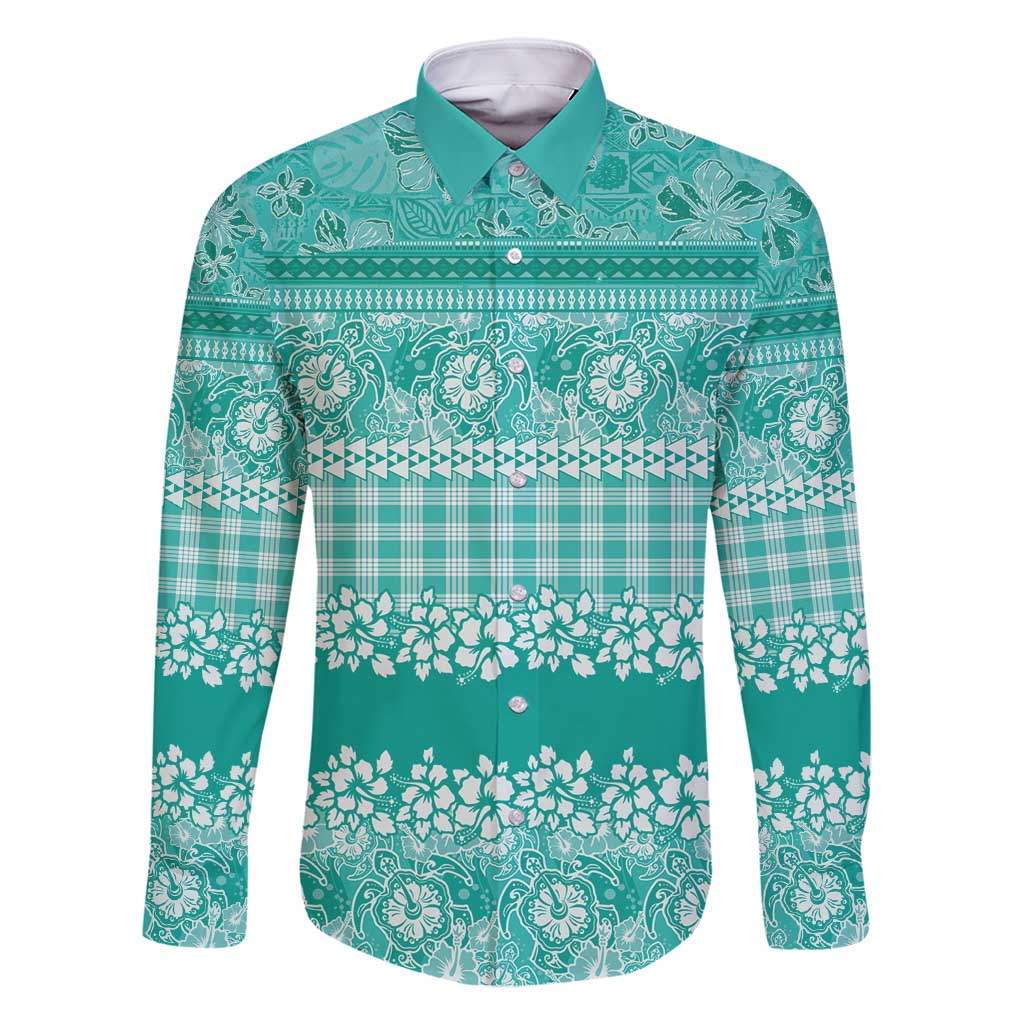 Hawaiian Hibiscus Honu Family Matching Long Sleeve Bodycon Dress and Hawaiian Shirt Turquoise Mele Kalikimaka Palaka Spirit - Polynesian Pride
