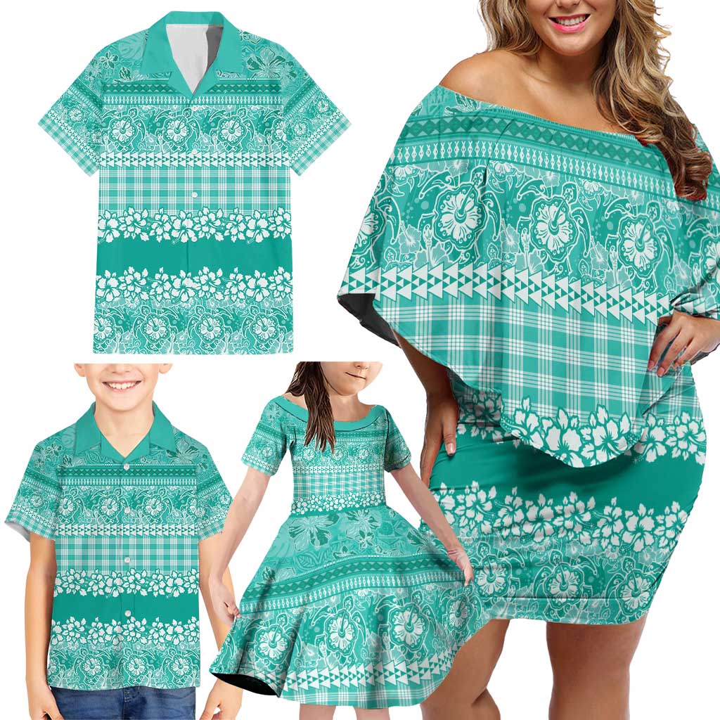 Hawaiian Hibiscus Honu Family Matching Off Shoulder Short Dress and Hawaiian Shirt Turquoise Mele Kalikimaka Palaka Spirit - Polynesian Pride