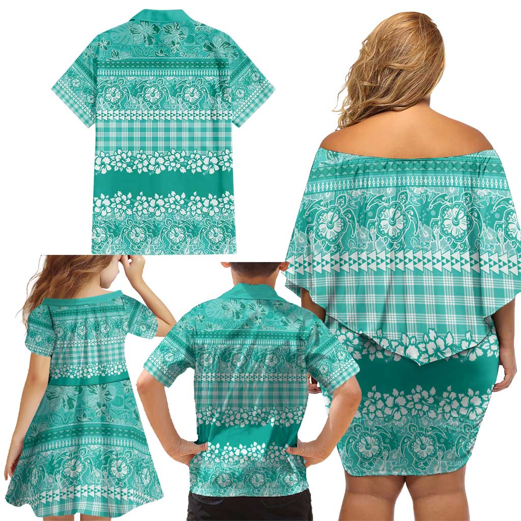 Hawaiian Hibiscus Honu Family Matching Off Shoulder Short Dress and Hawaiian Shirt Turquoise Mele Kalikimaka Palaka Spirit - Polynesian Pride