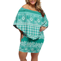 Hawaiian Hibiscus Honu Family Matching Off Shoulder Short Dress and Hawaiian Shirt Turquoise Mele Kalikimaka Palaka Spirit - Polynesian Pride