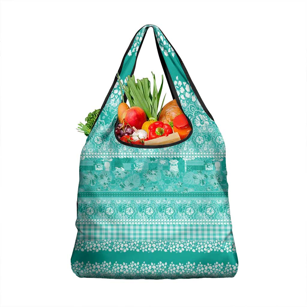 Hawaiian Hibiscus Honu Grocery Bag Turquoise Mele Kalikimaka Palaka Spirit - Polynesian Pride