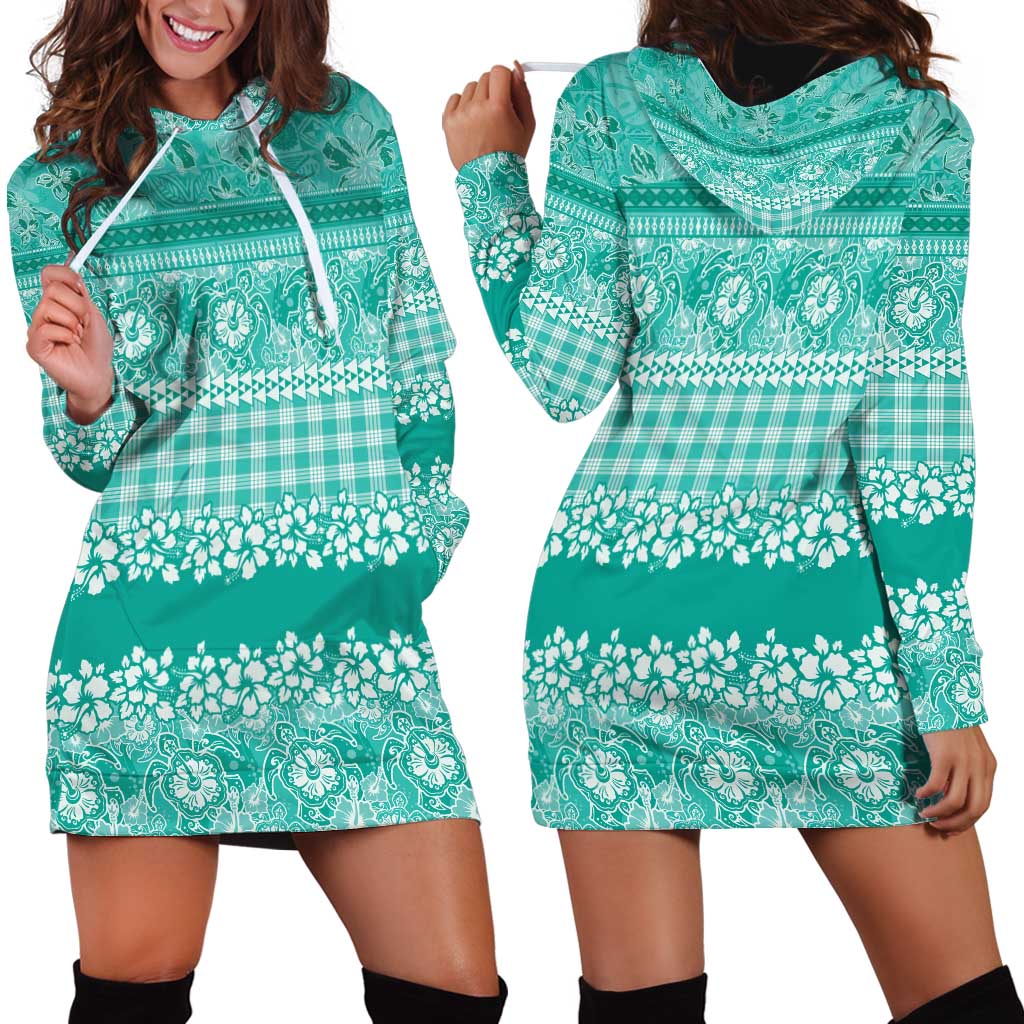 Hawaiian Hibiscus Honu Hoodie Dress Turquoise Mele Kalikimaka Palaka Spirit - Polynesian Pride