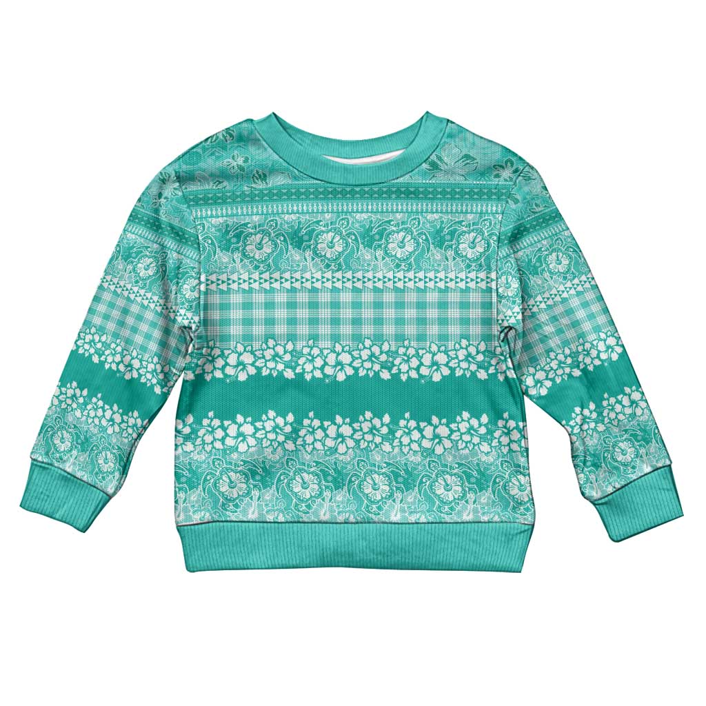 Hawaiian Hibiscus Honu Kid Ugly Christmas Sweater Turquoise Mele Kalikimaka Palaka Spirit - Polynesian Pride