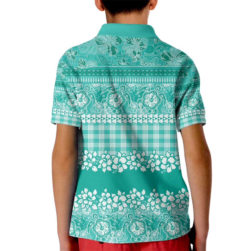 Hawaiian Hibiscus Honu Kid Polo Shirt Turquoise Mele Kalikimaka Palaka Spirit - Polynesian Pride
