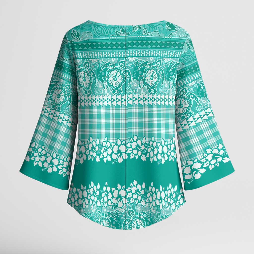 Hawaiian Hibiscus Honu Kimono Sleeve Blouse Turquoise Mele Kalikimaka Palaka Spirit - Polynesian Pride