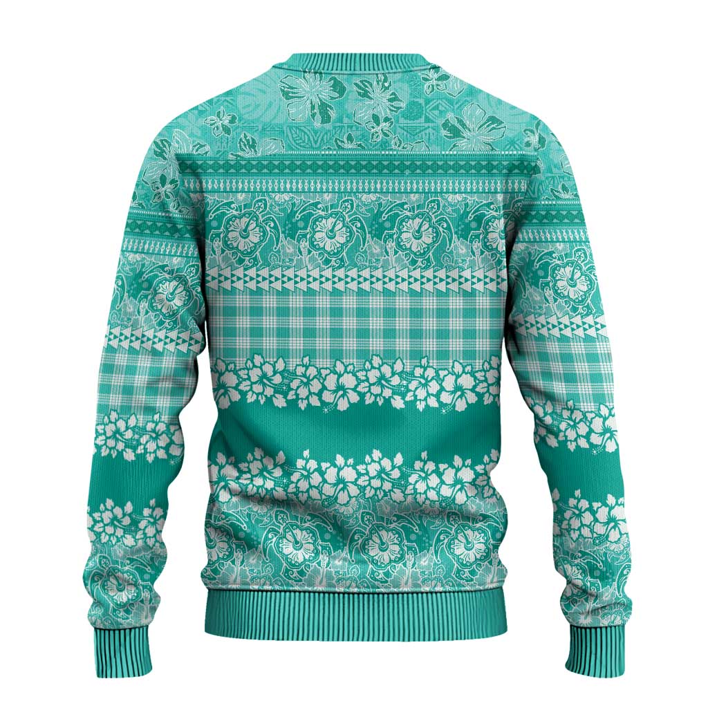 Hawaiian Hibiscus Honu Ugly Christmas Sweater Turquoise Mele Kalikimaka Palaka Spirit - Polynesian Pride