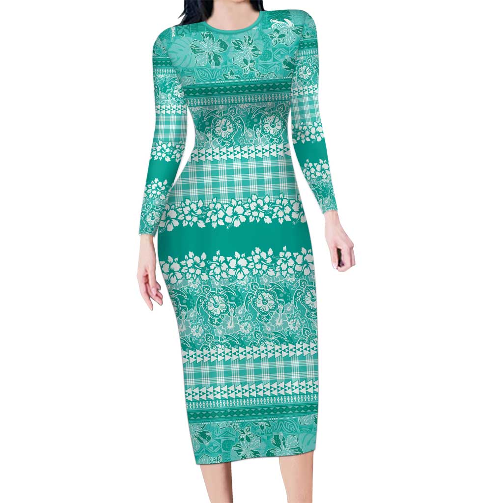 Hawaiian Hibiscus Honu Long Sleeve Bodycon Dress Turquoise Mele Kalikimaka Palaka Spirit - Polynesian Pride