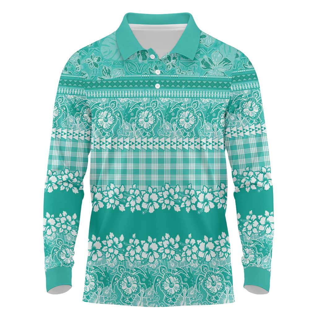 Hawaiian Hibiscus Honu Long Sleeve Polo Shirt Turquoise Mele Kalikimaka Palaka Spirit - Polynesian Pride