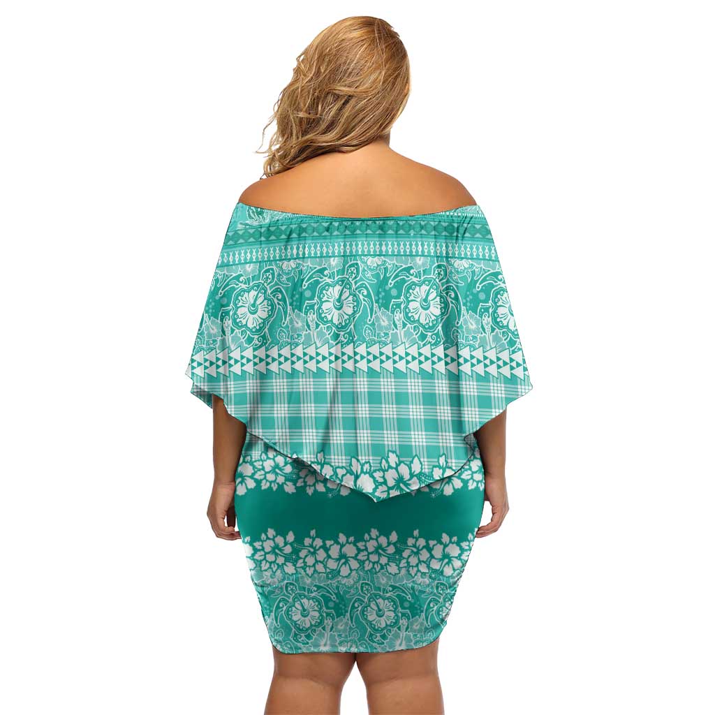Hawaiian Hibiscus Honu Off Shoulder Short Dress Turquoise Mele Kalikimaka Palaka Spirit - Polynesian Pride