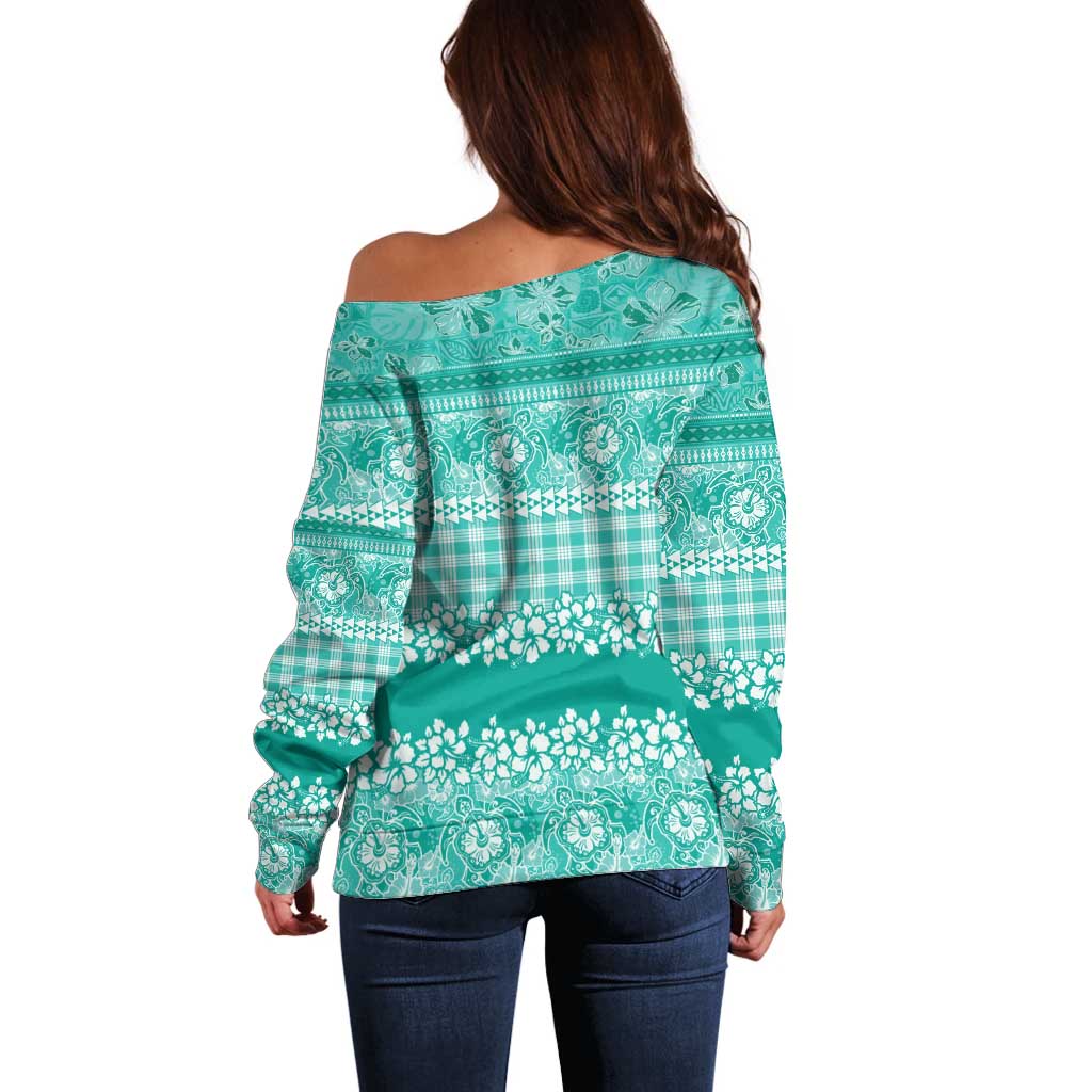 Hawaiian Hibiscus Honu Off Shoulder Sweater Turquoise Mele Kalikimaka Palaka Spirit - Polynesian Pride