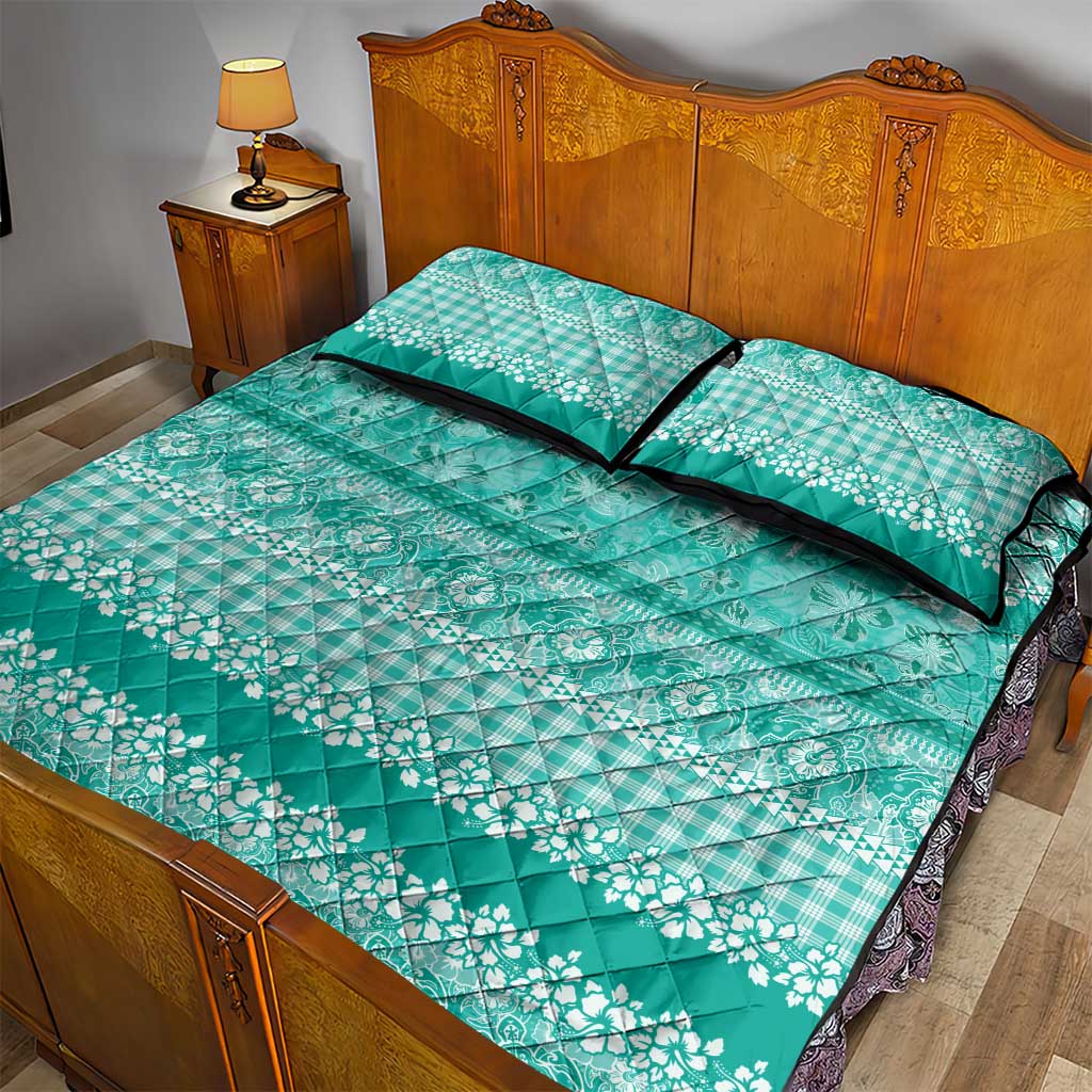 Hawaiian Hibiscus Honu Quilt Bed Set Turquoise Mele Kalikimaka Palaka Spirit - Polynesian Pride