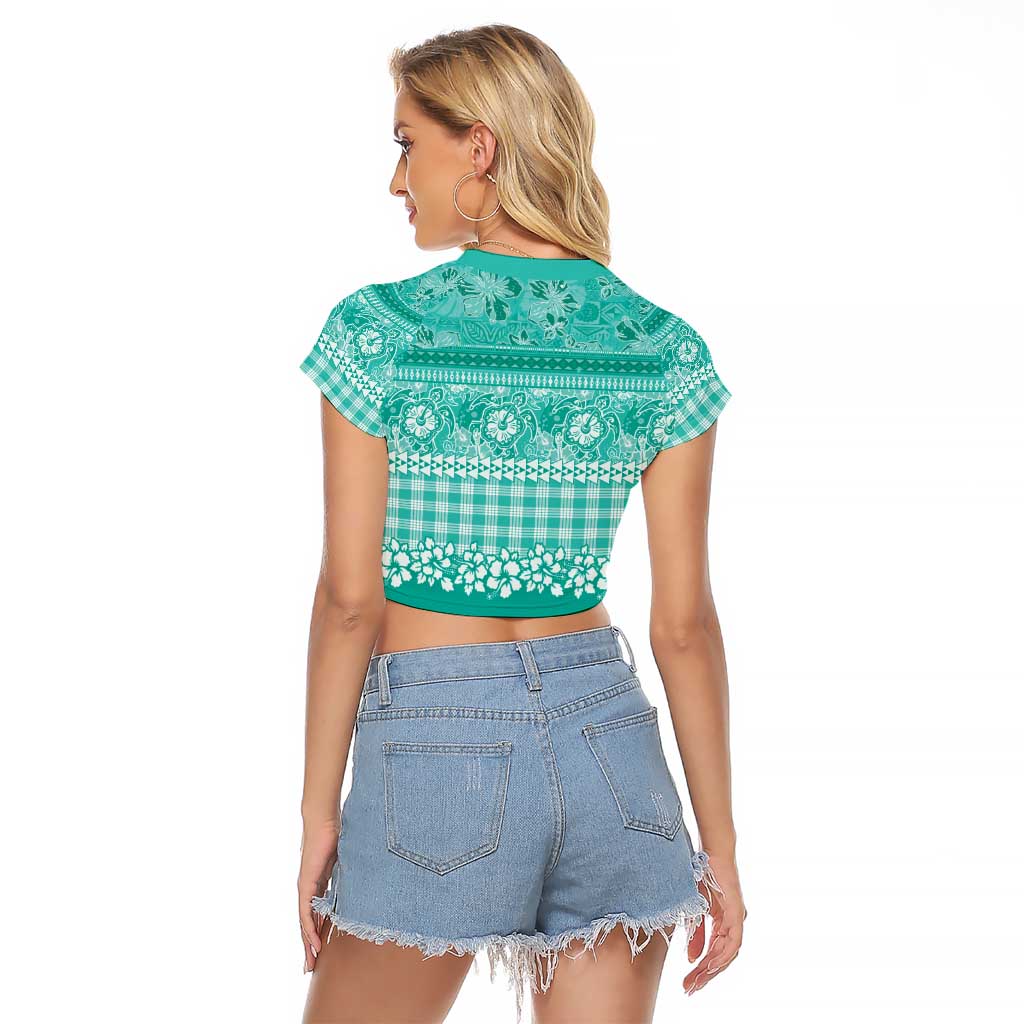 Hawaiian Hibiscus Honu Raglan Cropped T Shirt Turquoise Mele Kalikimaka Palaka Spirit - Polynesian Pride