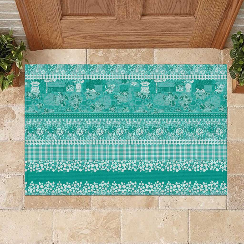 Hawaiian Hibiscus Honu Rubber Doormat Turquoise Mele Kalikimaka Palaka Spirit - Polynesian Pride