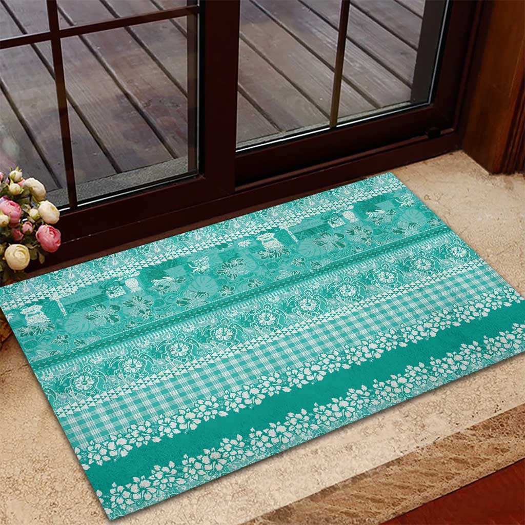 Hawaiian Hibiscus Honu Rubber Doormat Turquoise Mele Kalikimaka Palaka Spirit - Polynesian Pride