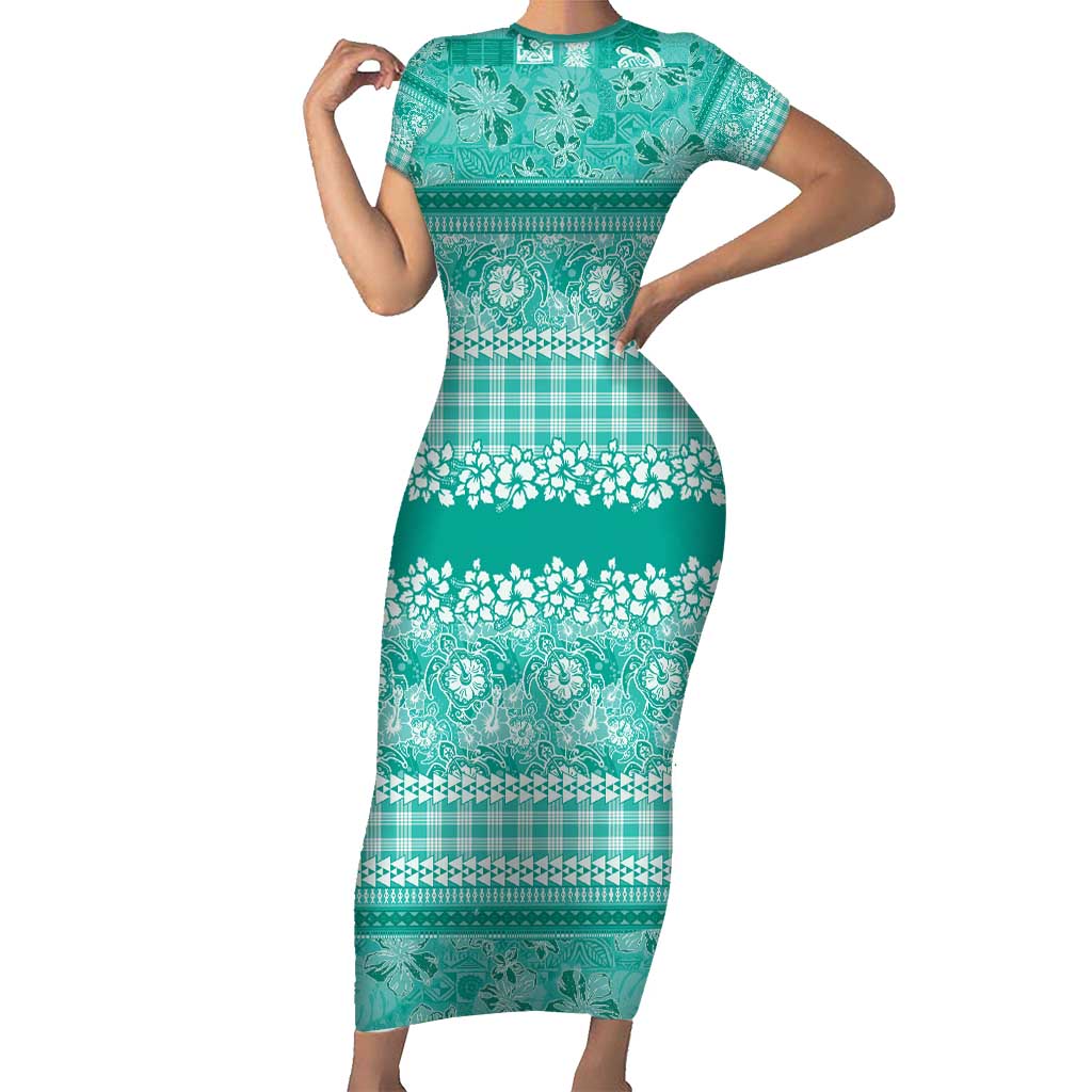 Hawaiian Hibiscus Honu Short Sleeve Bodycon Dress Turquoise Mele Kalikimaka Palaka Spirit - Polynesian Pride