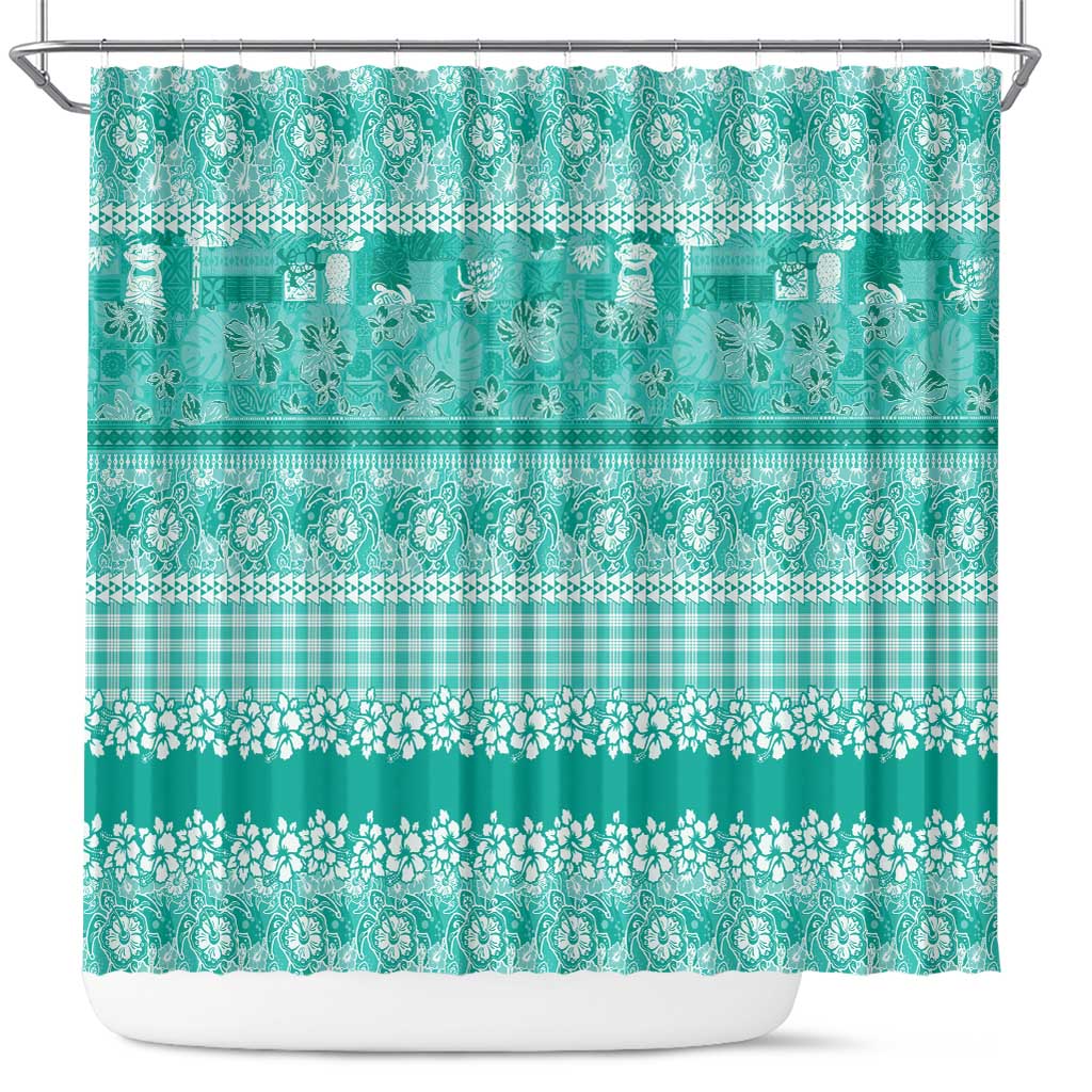 Hawaiian Hibiscus Honu Shower Curtain Turquoise Mele Kalikimaka Palaka Spirit - Polynesian Pride