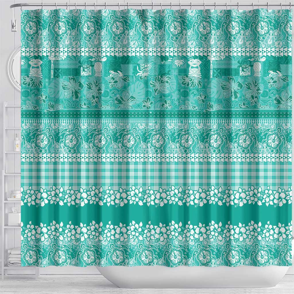 Hawaiian Hibiscus Honu Shower Curtain Turquoise Mele Kalikimaka Palaka Spirit - Polynesian Pride