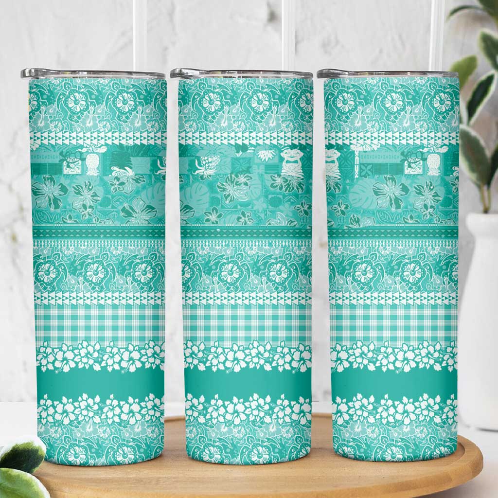 Hawaiian Hibiscus Honu Skinny Tumbler Turquoise Mele Kalikimaka Palaka Spirit - Polynesian Pride